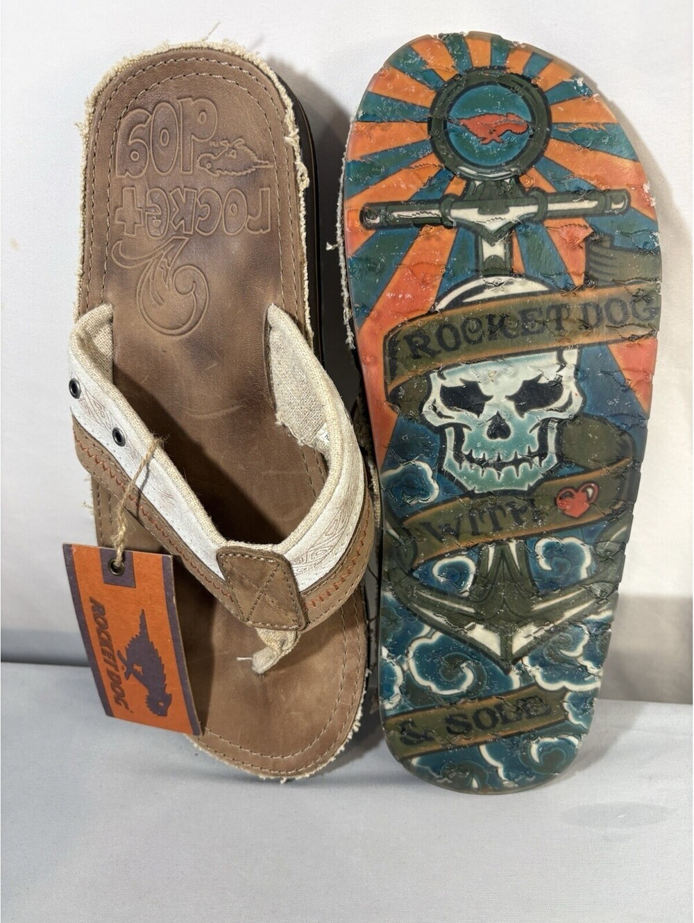 Vtg Deadstock Rocket Dog Buccaneer Leather Flip Flops Mens 11 Y2K Skull NWT